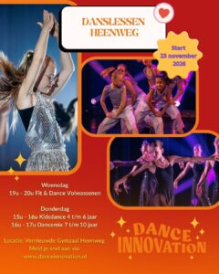 Flyer voor danslessen Heenweg met drie foto's van dansende meisjes en tekst over schema en startdatum 23 november 2026.
