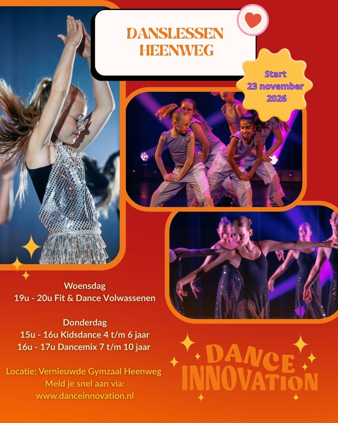 Flyer voor danslessen Heenweg met drie foto's van dansende meisjes en tekst over schema en startdatum 23 november 2026.